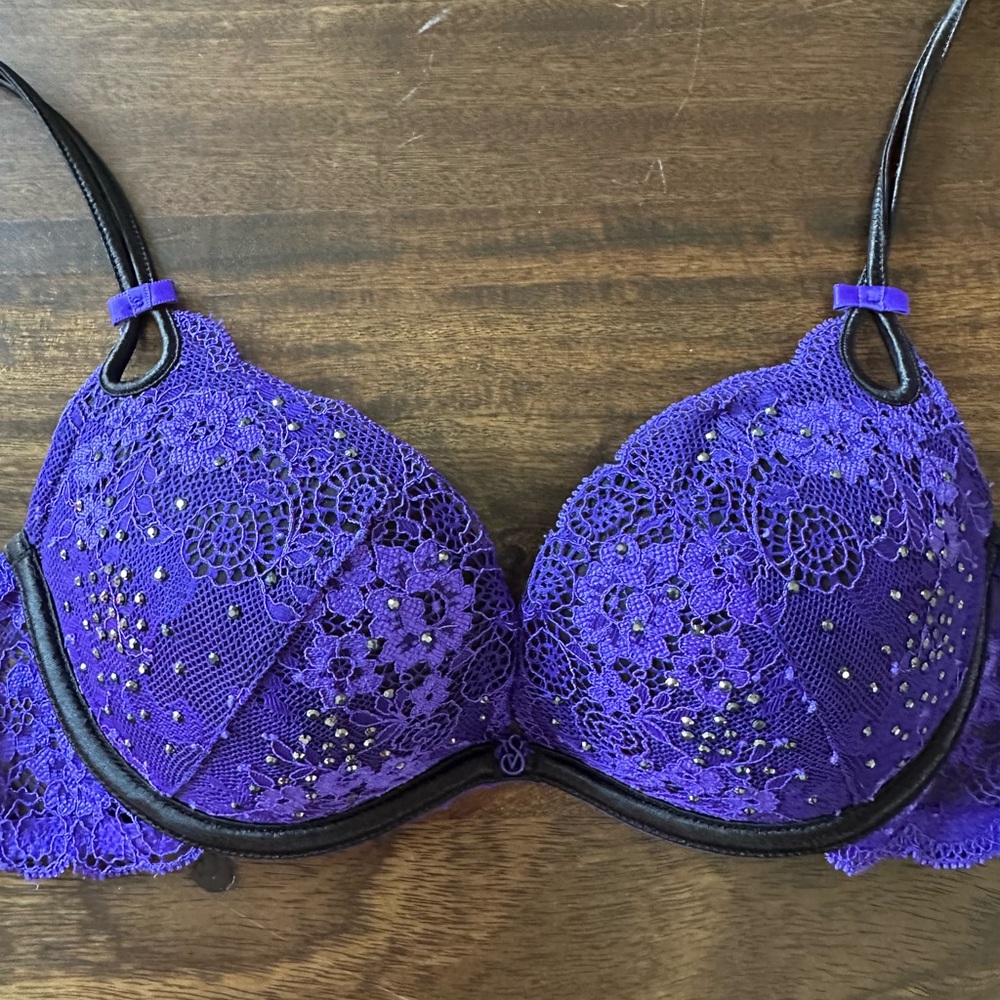 Victoria's Secret Purple Lace Bra with Rhinestones and Black Accents